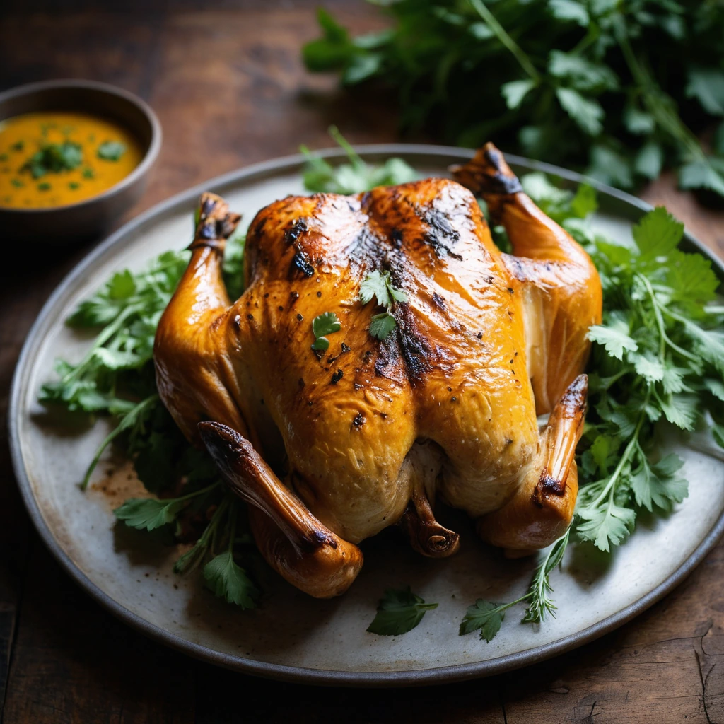 Whole roasted chicken glistening with golden sauce on a rustic platter, surrounded by fresh herbs.