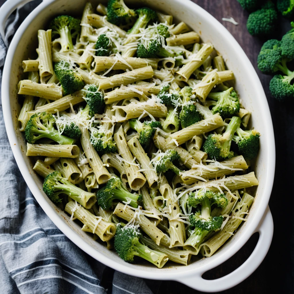 Baked ziti casserole with green pesto, white chicken chunks, and broccoli florets, topped with melted golden cheese.