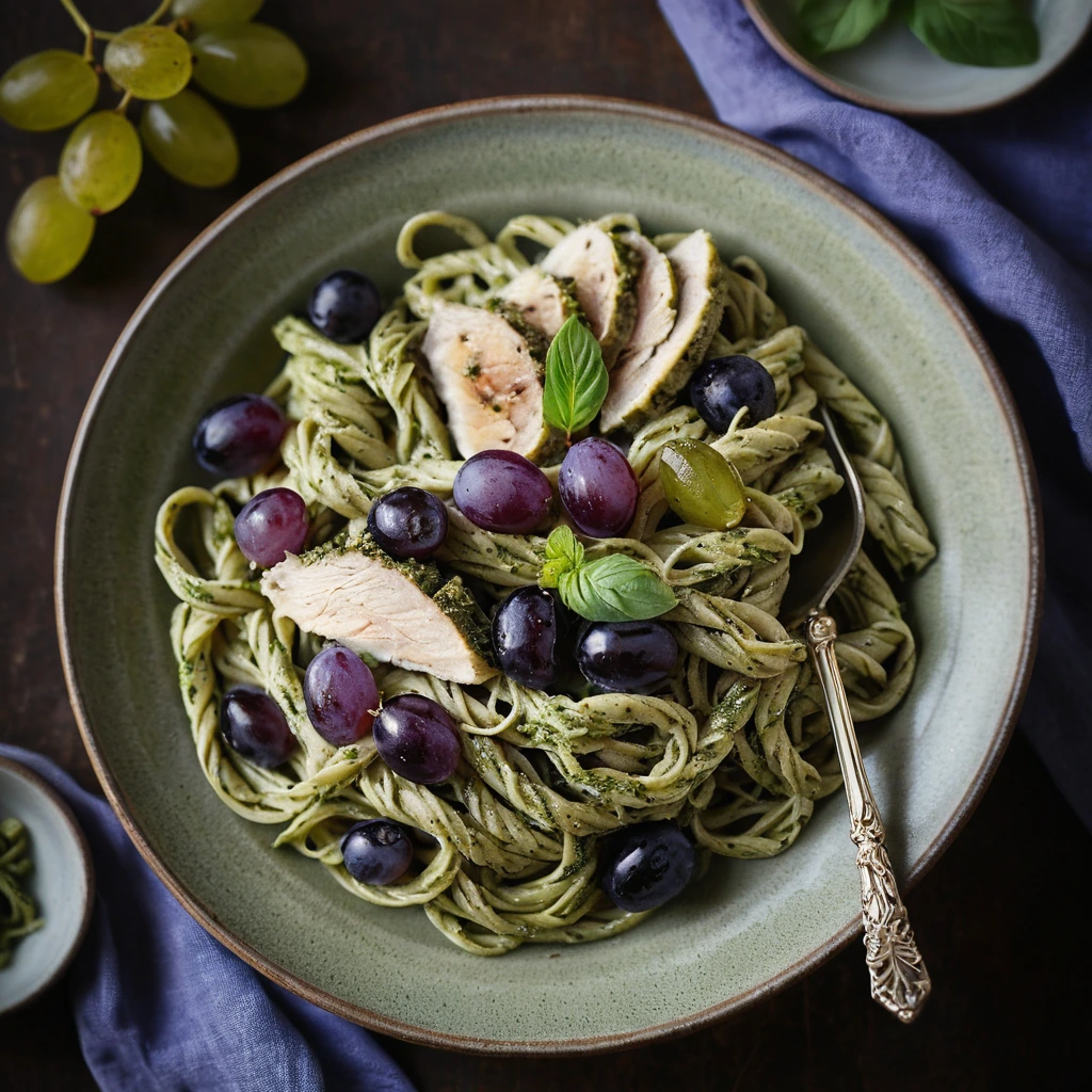 Green pesto pasta with roasted purple grapes and golden chicken breast slices served in a rustic bowl.