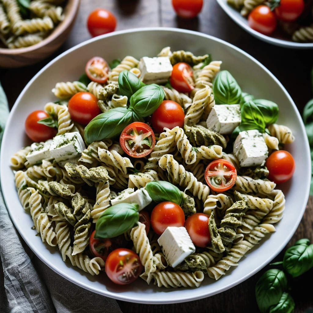 Colorful pasta salad with green pesto, red tomatoes, white mozzarella, and grilled chicken chunks.