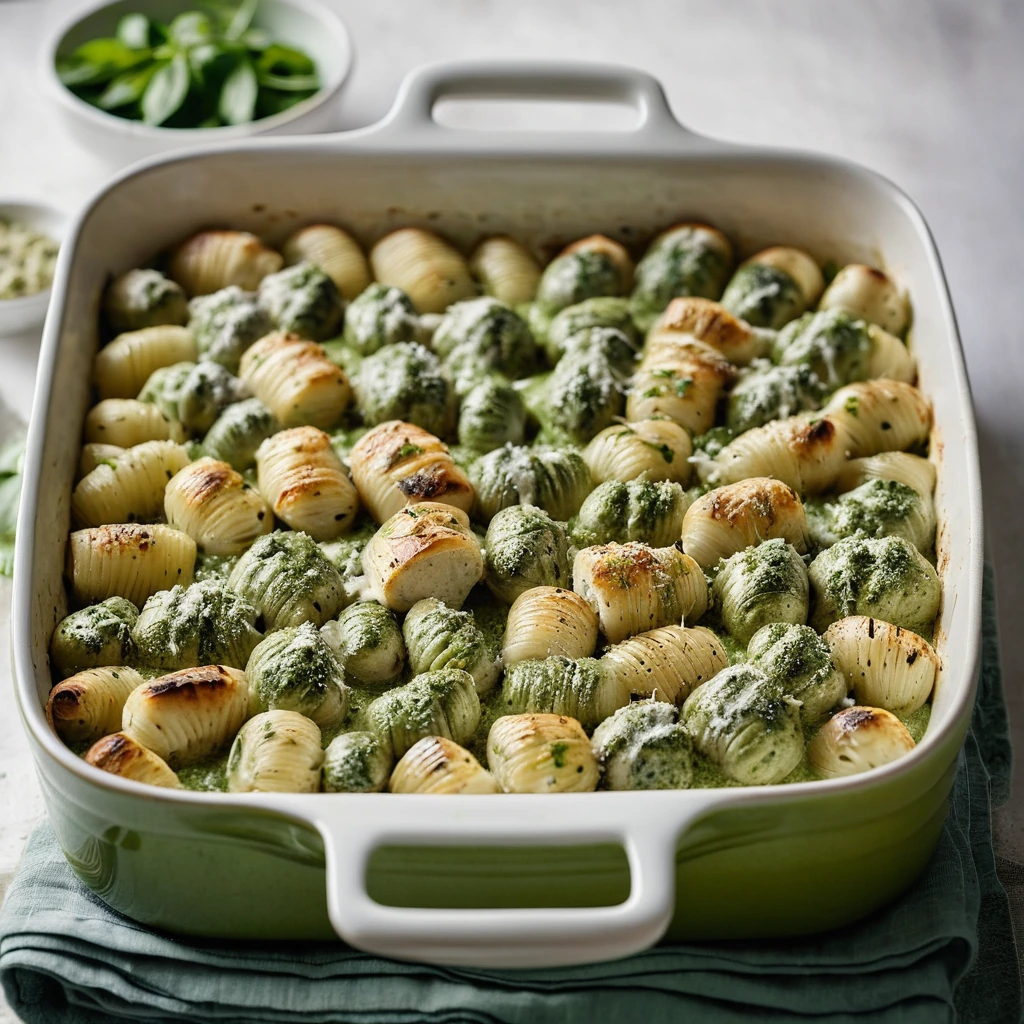 Baked dish with golden-brown top, green pesto sauce, white gnocchi, and shredded chicken in a casserole dish.