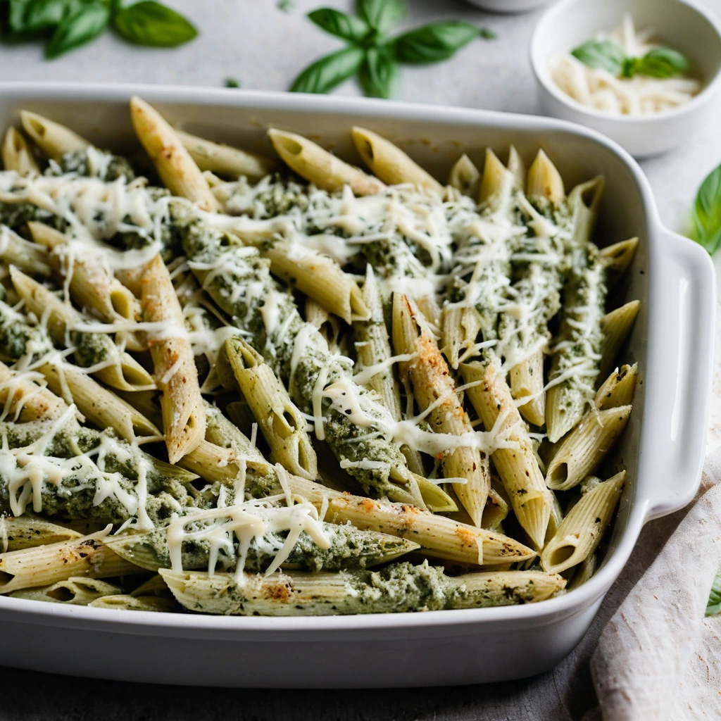 Baked penne pasta with pesto sauce, chicken, and melted cheese in a baking dish.