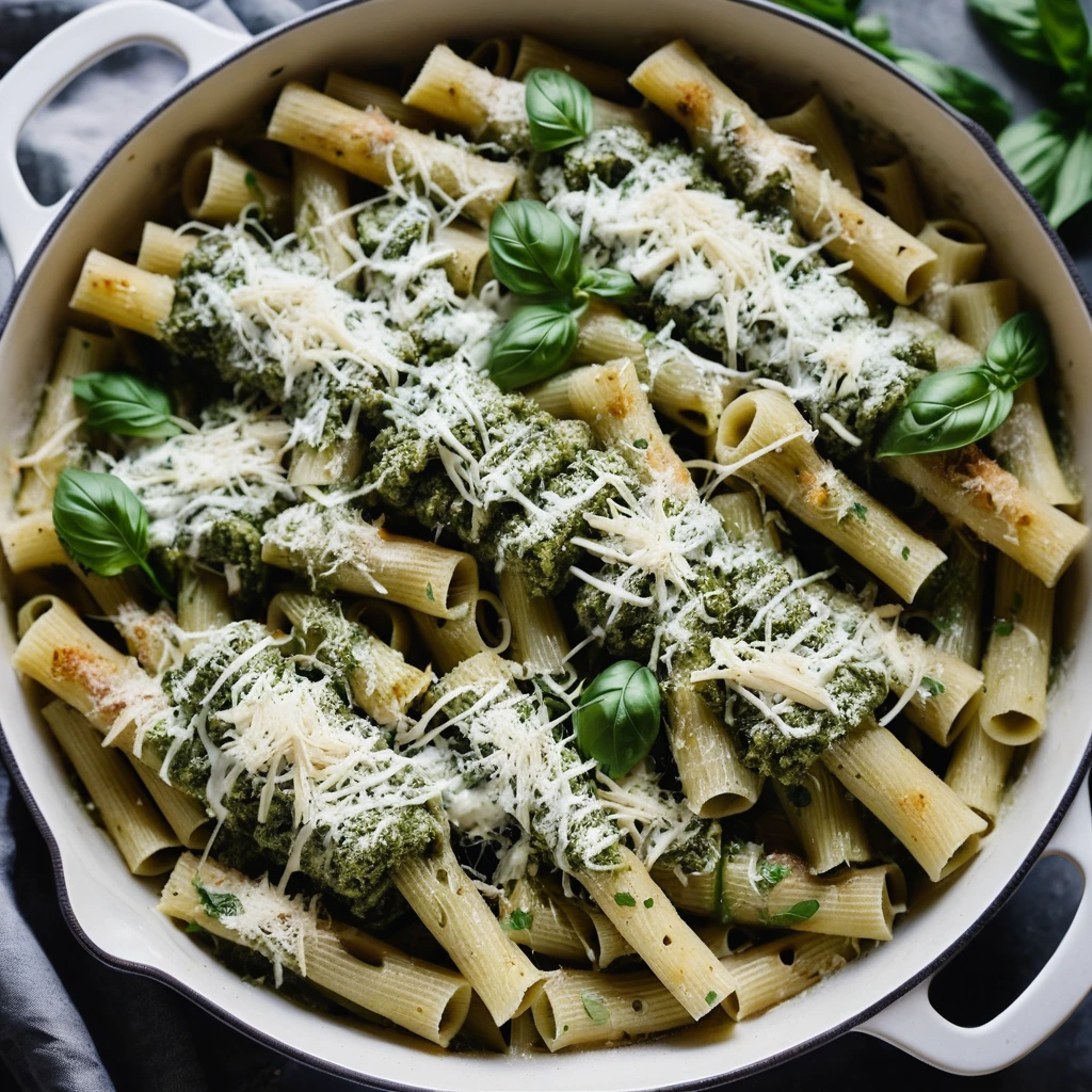 Baked pasta dish with rigatoni, chicken, and pesto topped with melted mozzarella and parmesan.