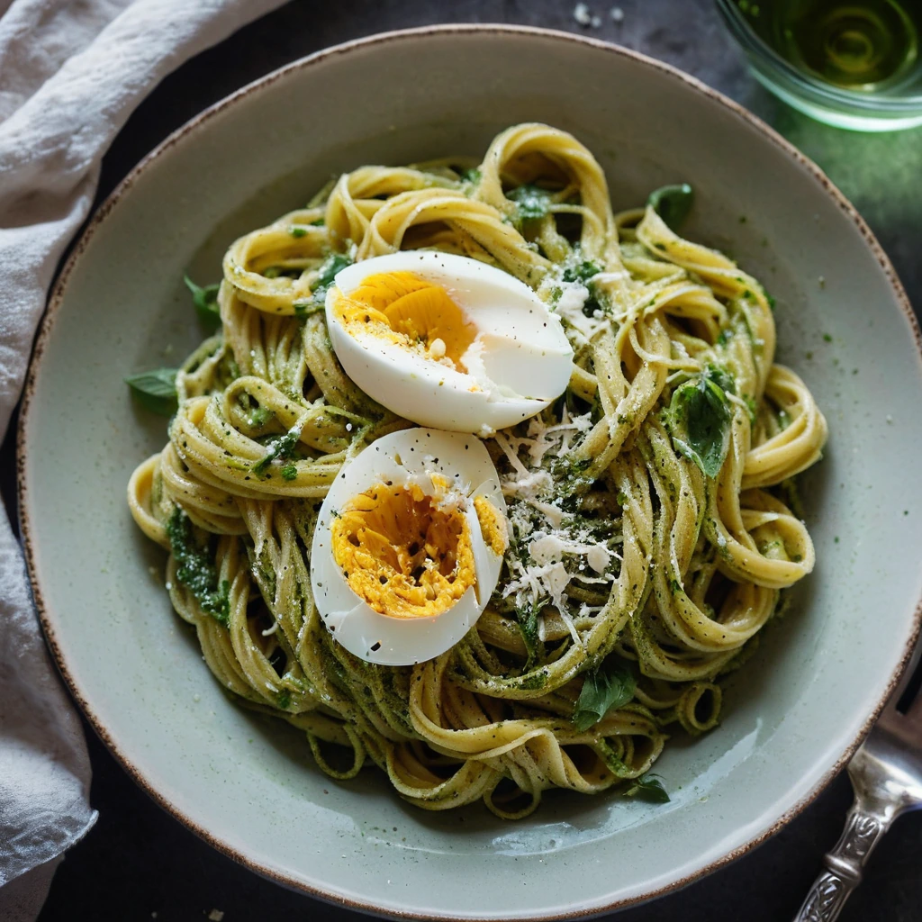 Golden pasta twirled with vibrant green pesto, topped with runny poached eggs and grated parmesan in a rustic bowl.