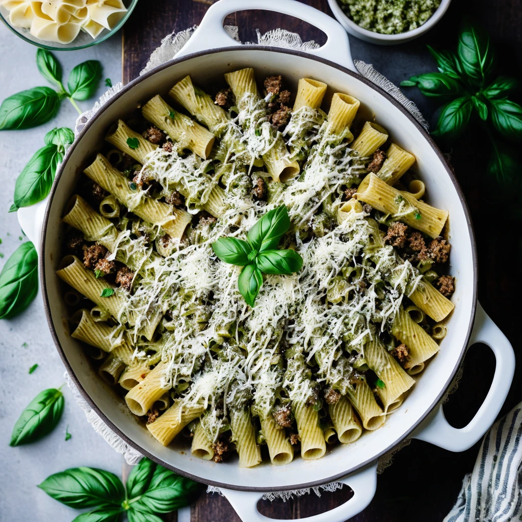 Baked pasta dish with golden bubbly cheese topping, green flecks of pesto, and rigatoni visible.