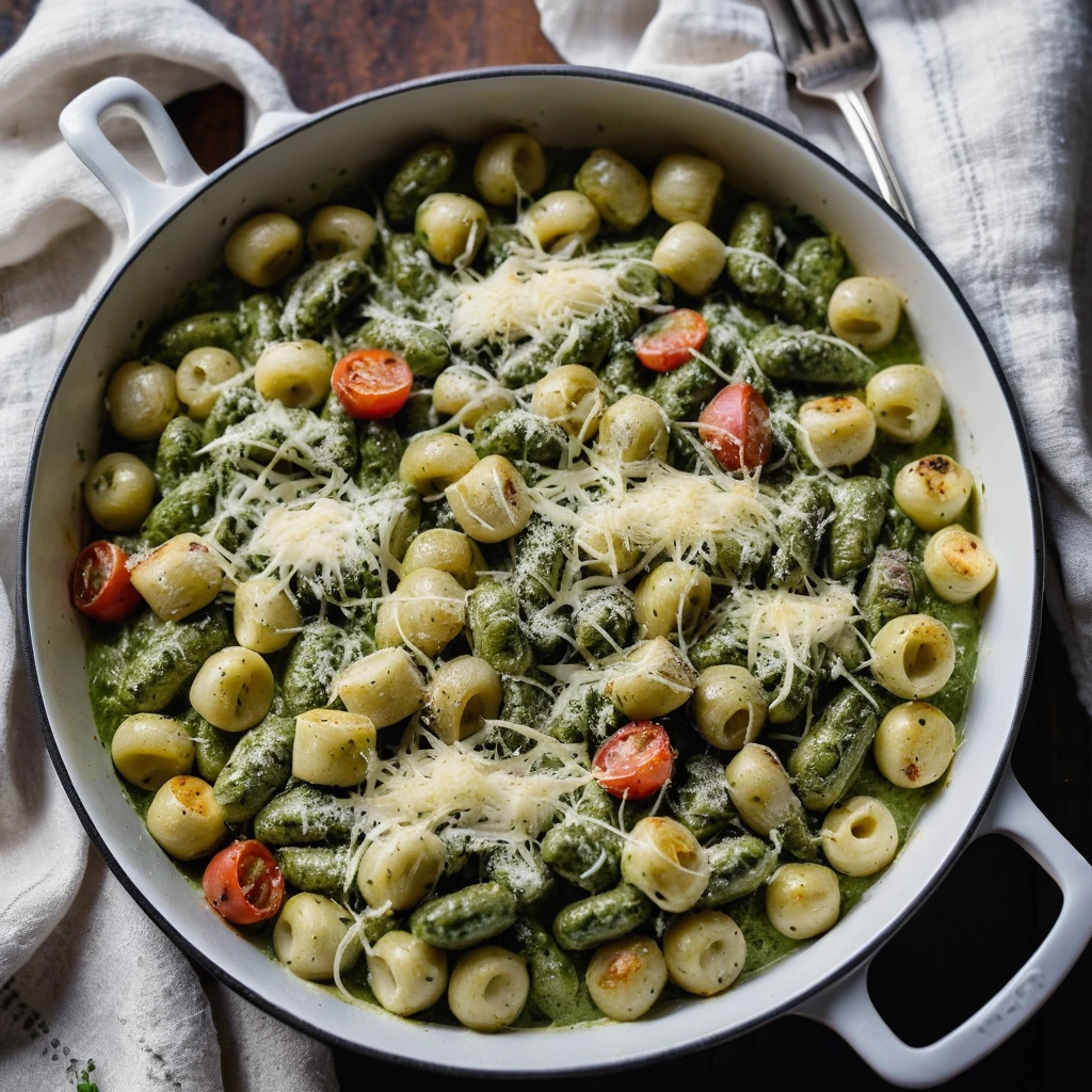 Baked dish of green pesto sauce with white gnocchi, diced ham, and melted golden cheese bubbling on top in a casserole dish.