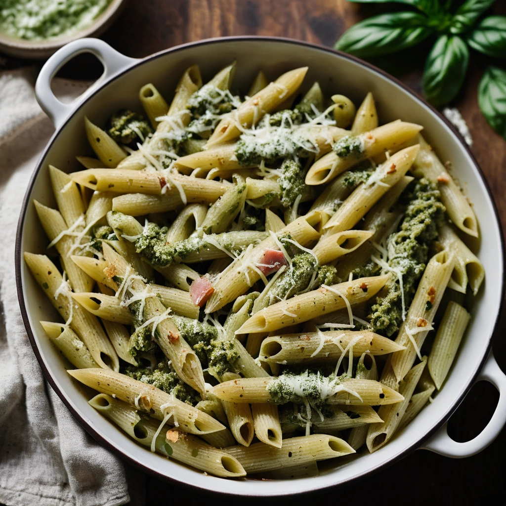 Penne pasta in a green pesto sauce topped with melted cheese in a baking dish, golden brown edges.
