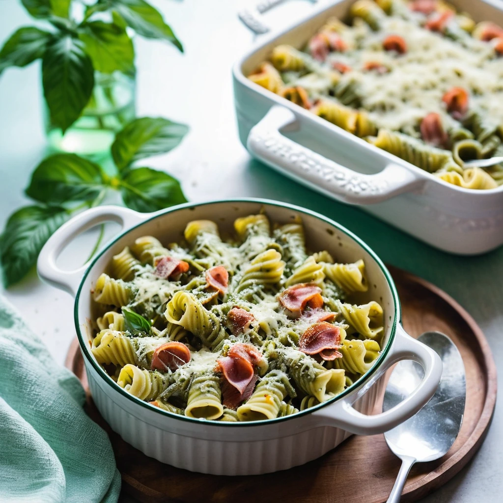 Baked pasta shells with ham in a green pesto sauce, topped with melted cheese in a casserole dish