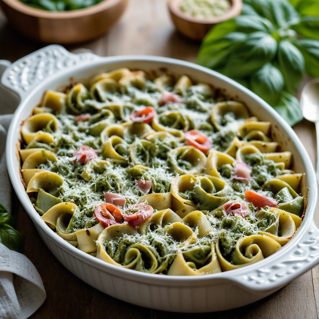 Golden bubbly casserole dish with green flecks of pesto and melted cheese, garnished with fresh basil.
