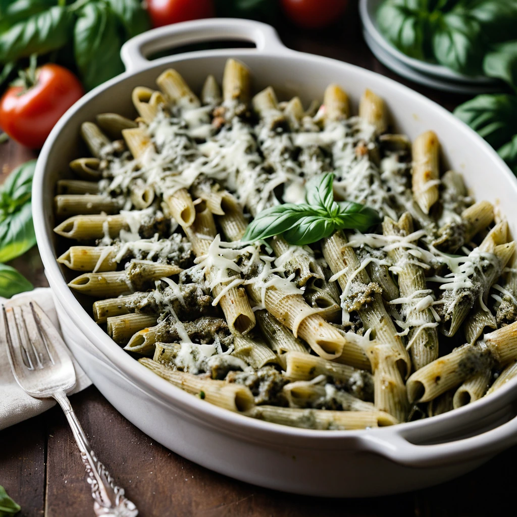Baked penne pasta topped with melted cheese and green pesto, served in a casserole dish.