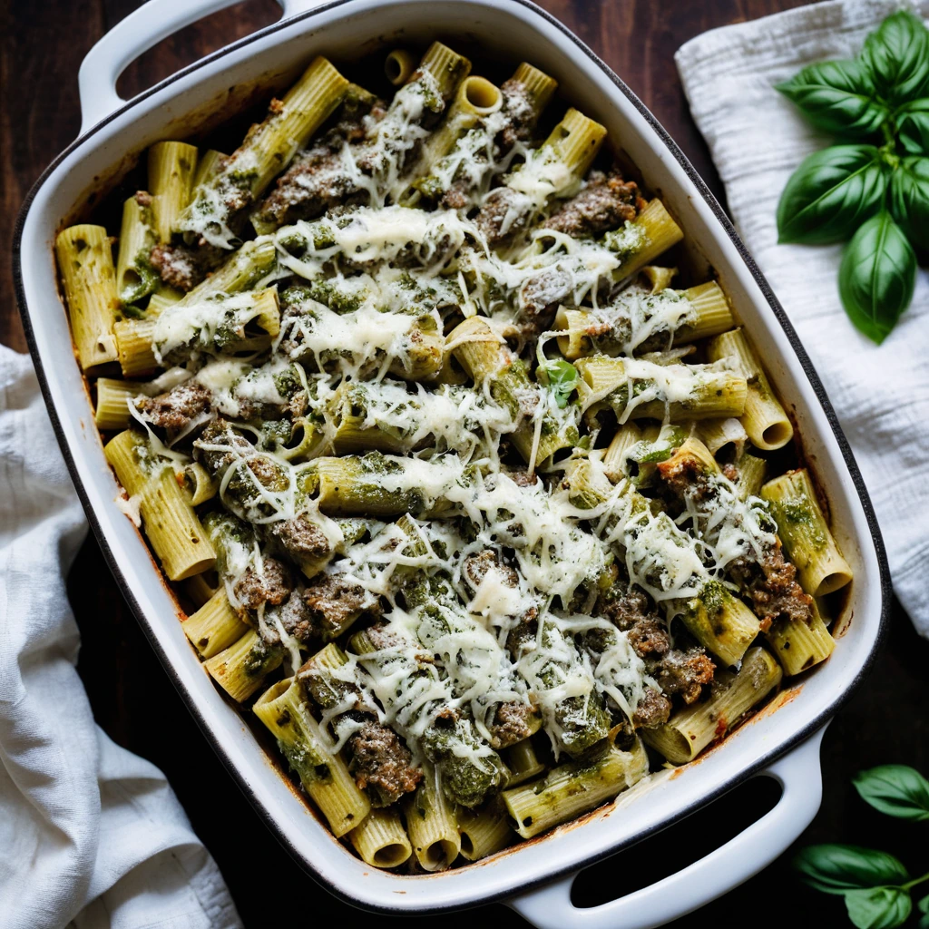 Baked rigatoni pasta with Italian sausage and green pesto, topped with melted cheese in a casserole dish.