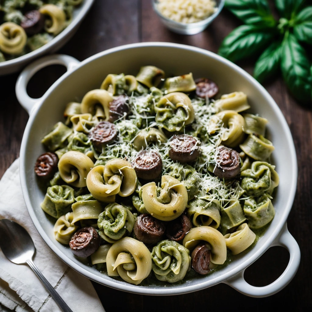 Baked pasta dish with green pesto sauce, white tortellini, and browned Italian sausage on top