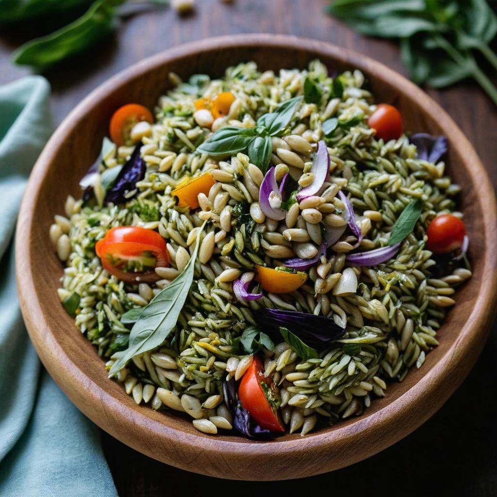 Colorful roasted vegetables mixed with green orzo salad in a wooden bowl, garnished with fresh basil leaves.