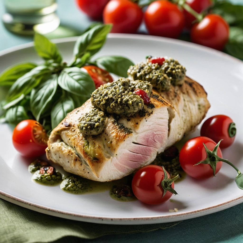 Golden roasted chicken breasts stuffed with green pesto on a bed of red cherry tomatoes and fresh basil leaves.