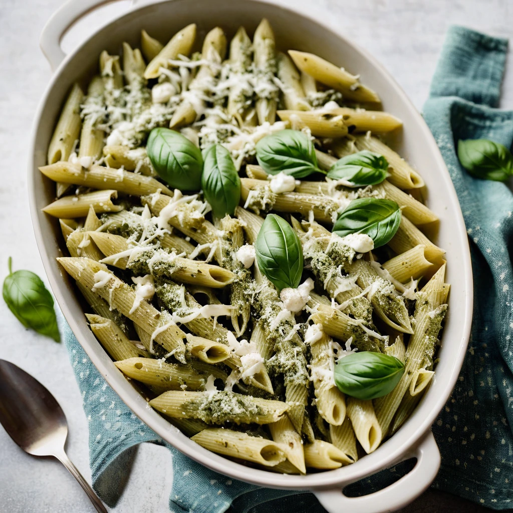 Golden brown penne bake with flecks of green pesto, topped with melted mozzarella in a rectangular baking dish.