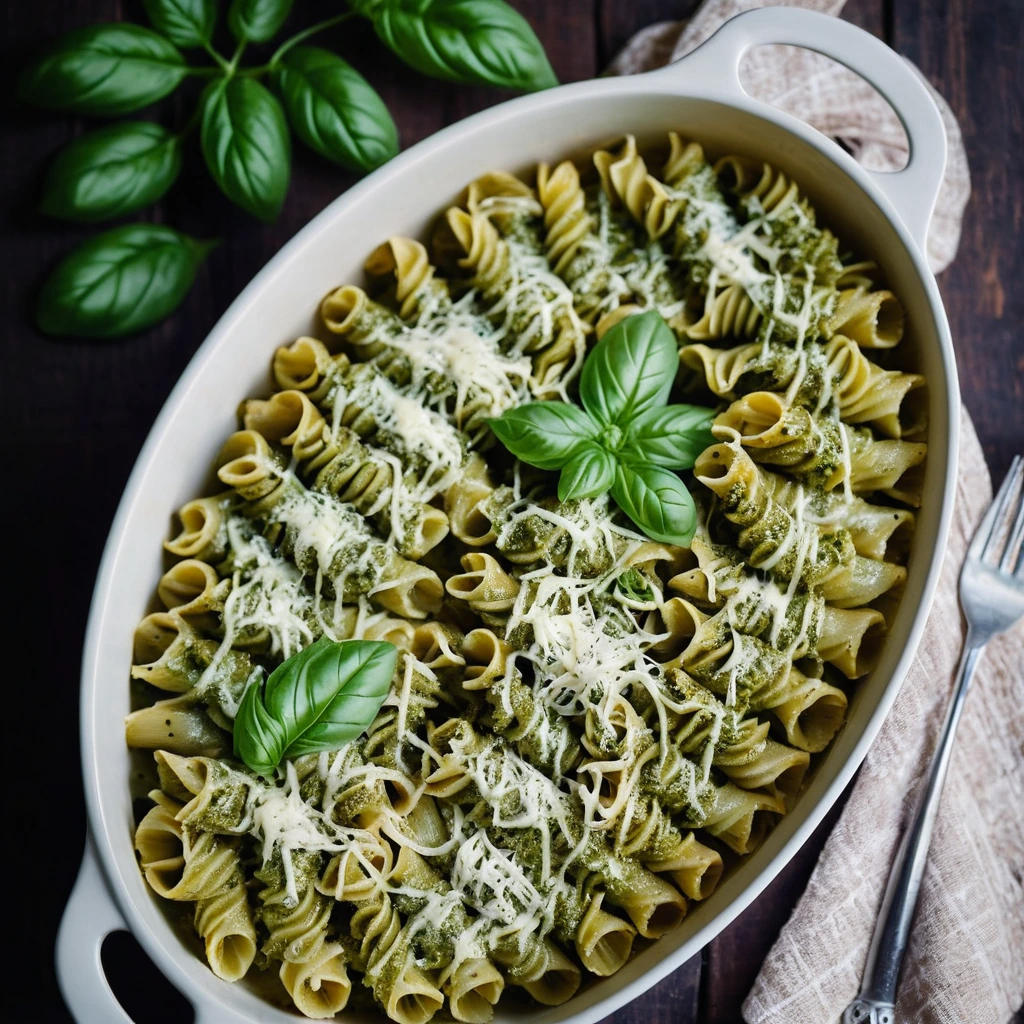 Baked pasta shells in a green pesto sauce topped with melted cheese, served in a baking dish