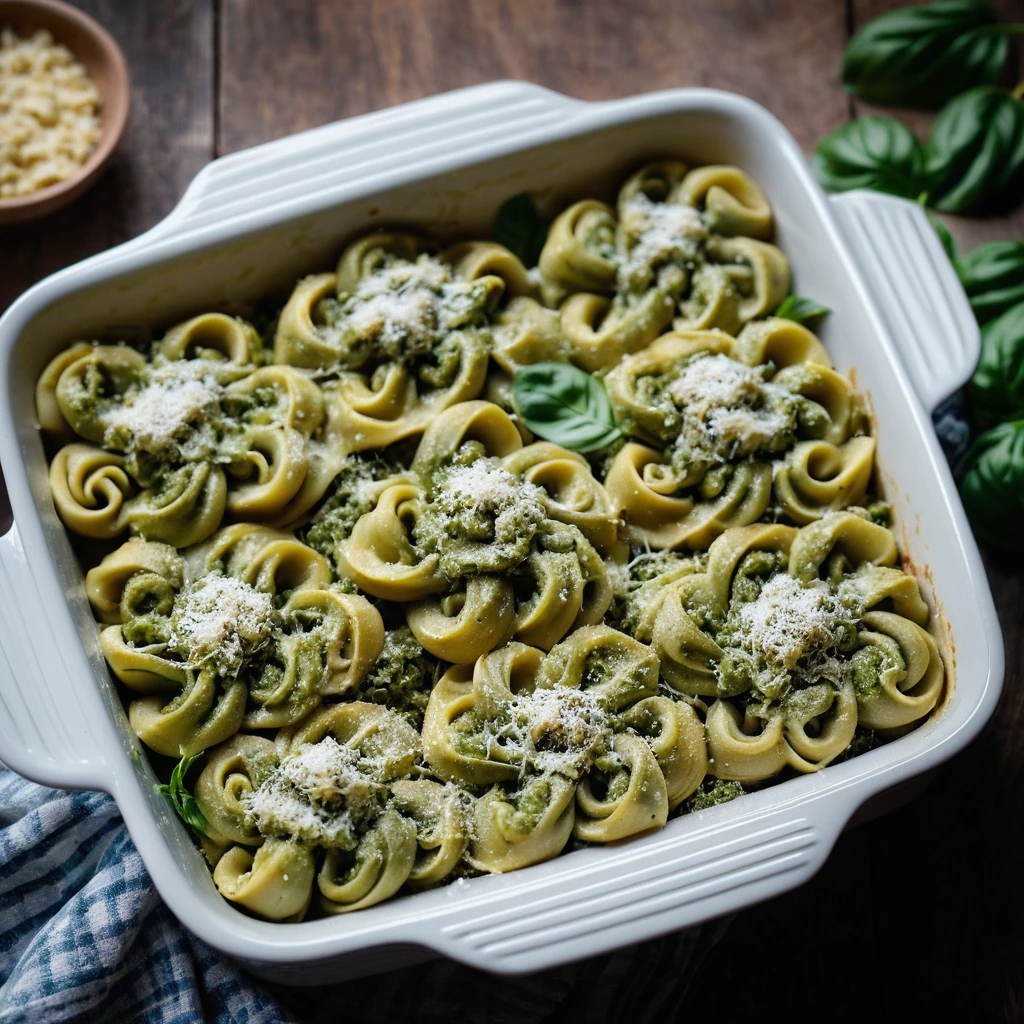 golden bubbly casserole with green flecks of pesto and melted cheese topping
