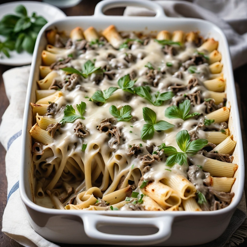 golden-brown casserole with melted cheese topping, served in a rectangular baking dish with green parsley garnish