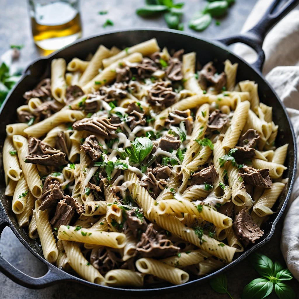 Golden pasta topped with melted cheese and caramelized steak, garnished with fresh parsley in a skillet.