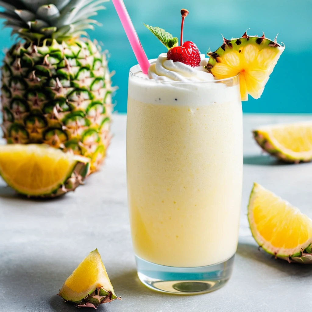 A tall glass filled with a vibrant yellow smoothie, topped with whipped cream and a maraschino cherry.