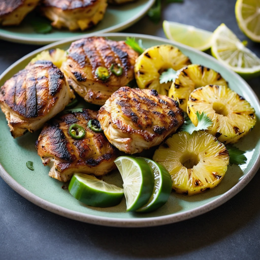 Grilled chicken thighs on a platter with pineapple rings and sliced jalapeños