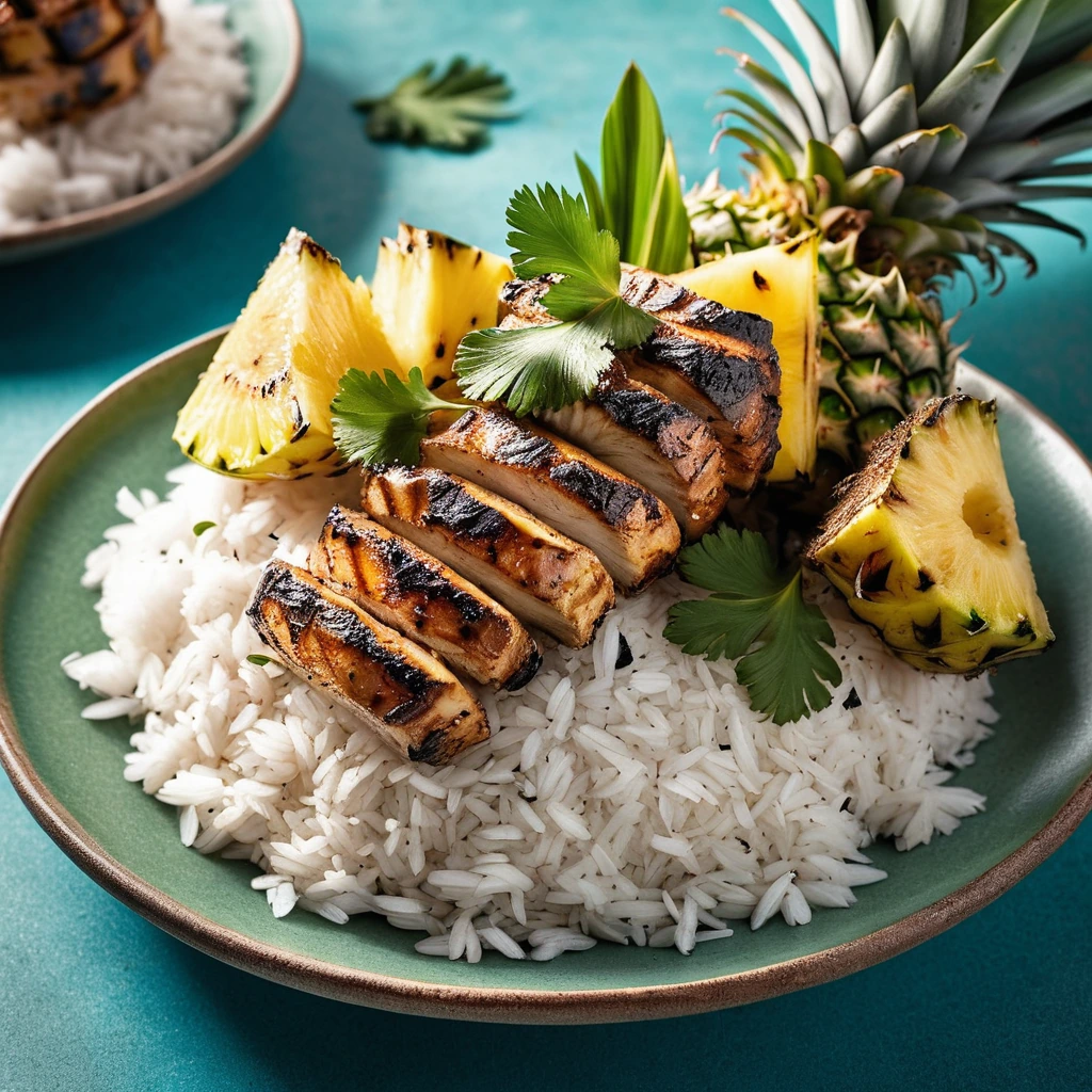 Grilled chicken pieces with pineapple rings atop a mound of fluffy coconut rice, garnished with fresh cilantro.