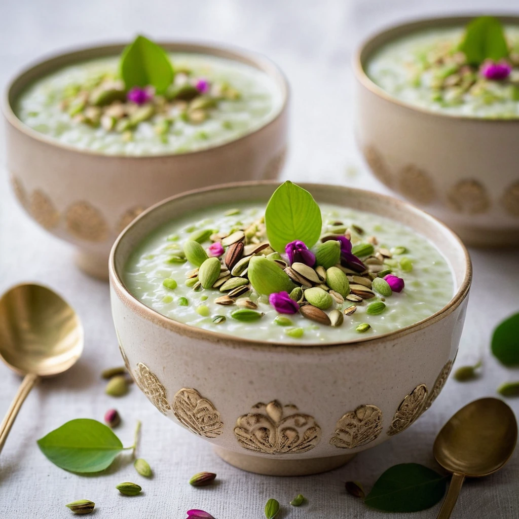 Golden rice pudding in a bowl sprinkled with green pistachios and garnished with edible flowers.