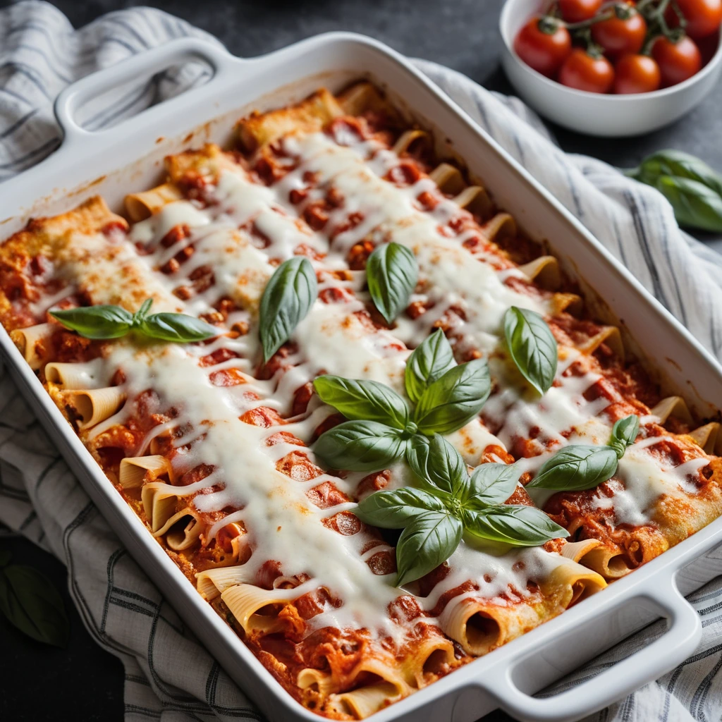 Baked pasta casserole in a rectangular dish, topped with melted mozzarella, pepperoni slices, and a drizzle of marinara sauce.