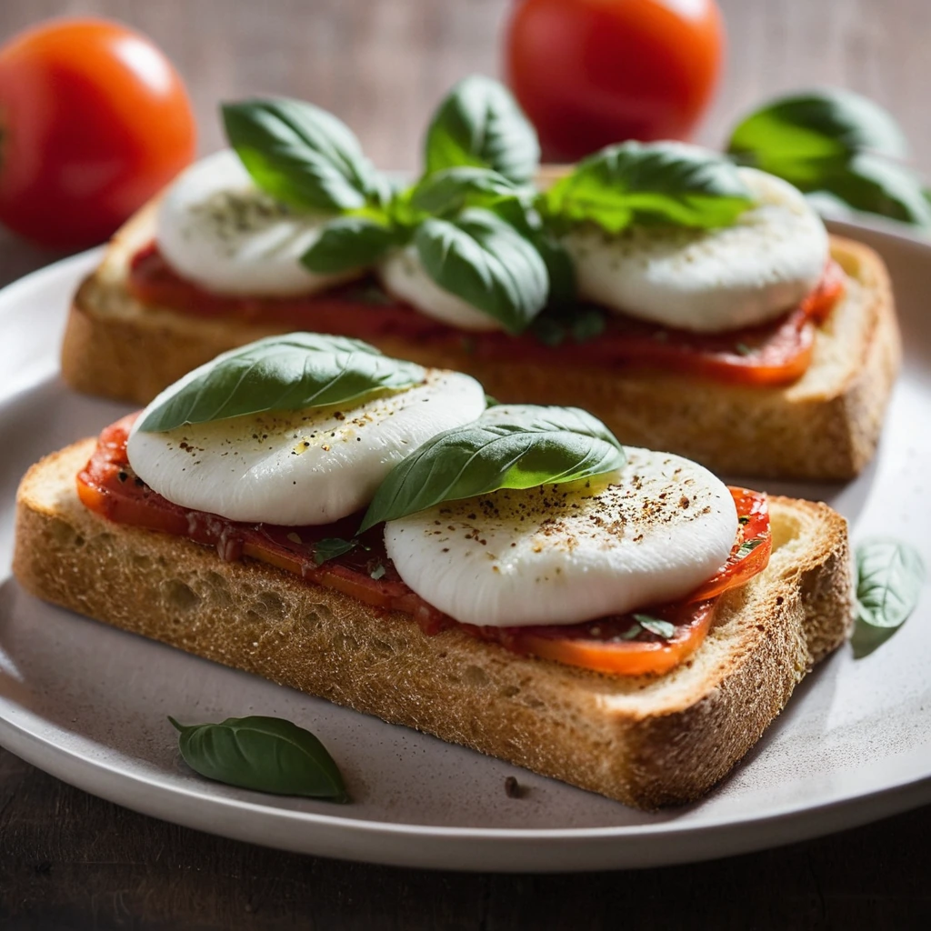 Golden toast slices topped with melted mozzarella and red tomato sauce, sprinkled with oregano.