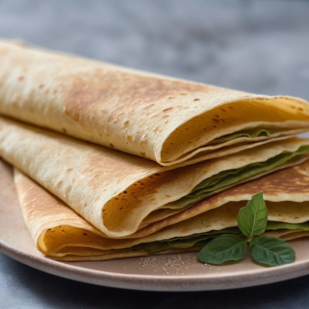 Stacked golden brown crispy crepes with a smooth surface and a slightly puffed edge.