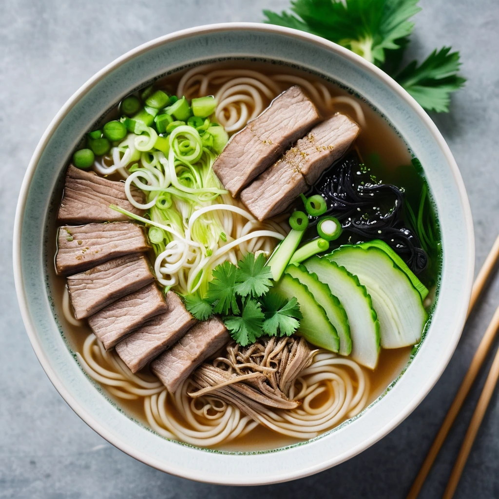Bowl of miso soup with pork slices, cabbage, and noodles, garnished with green onions.