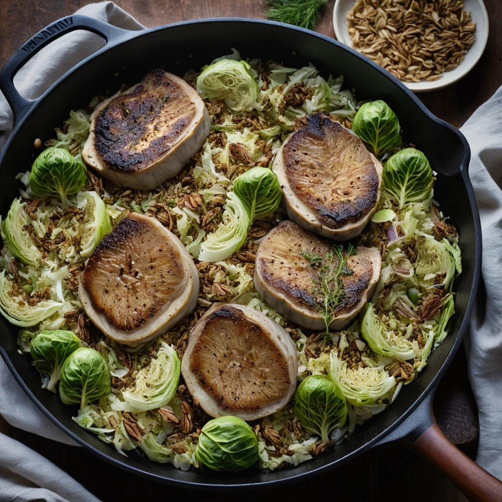 Golden skillet with browned pork chops and wilted green cabbage sprinkled with caraway seeds.