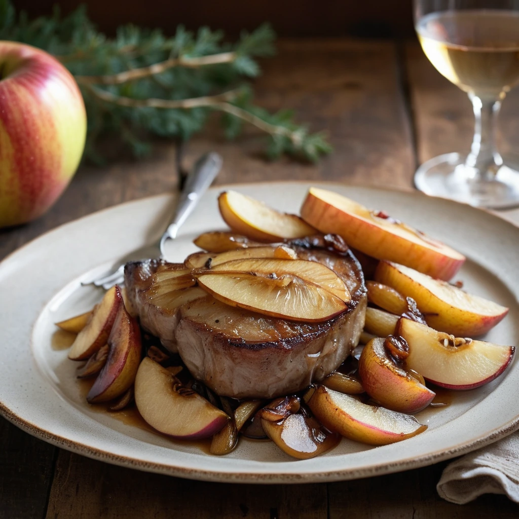 Golden brown pork chops topped with a mound of caramelized apple and onion slices on a rustic plate.