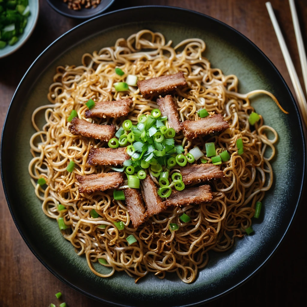 Golden brown crispy edges of pork fried noodles in a steaming hot skillet, garnished with green onions.