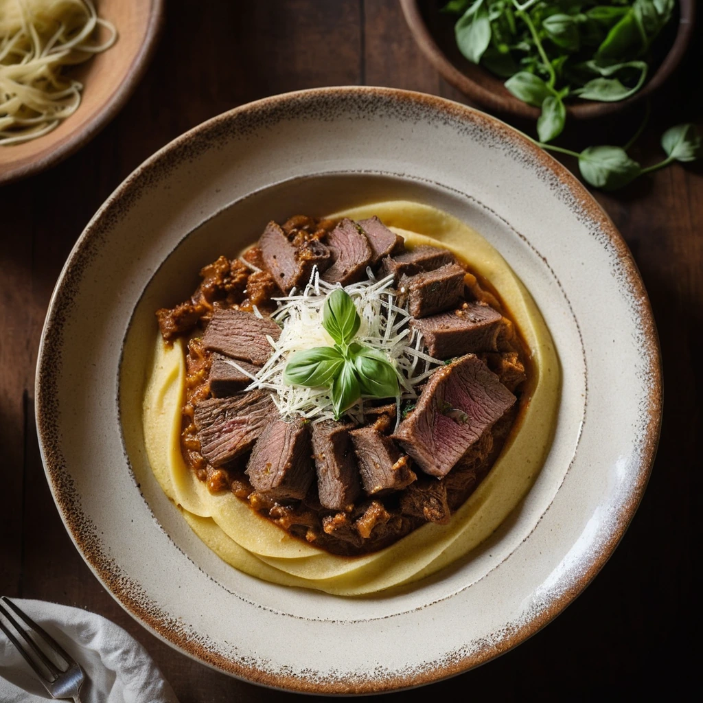 Creamy yellow polenta topped with a rich, meaty ragu served in a rustic bowl.