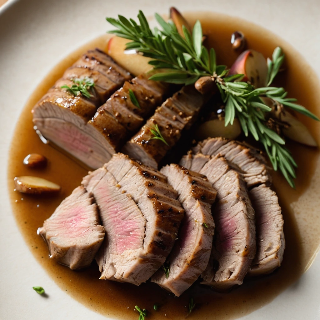 Golden roasted pork tenderloin sliced on a plate, drizzled with a glossy amber sauce, garnished with fresh thyme.