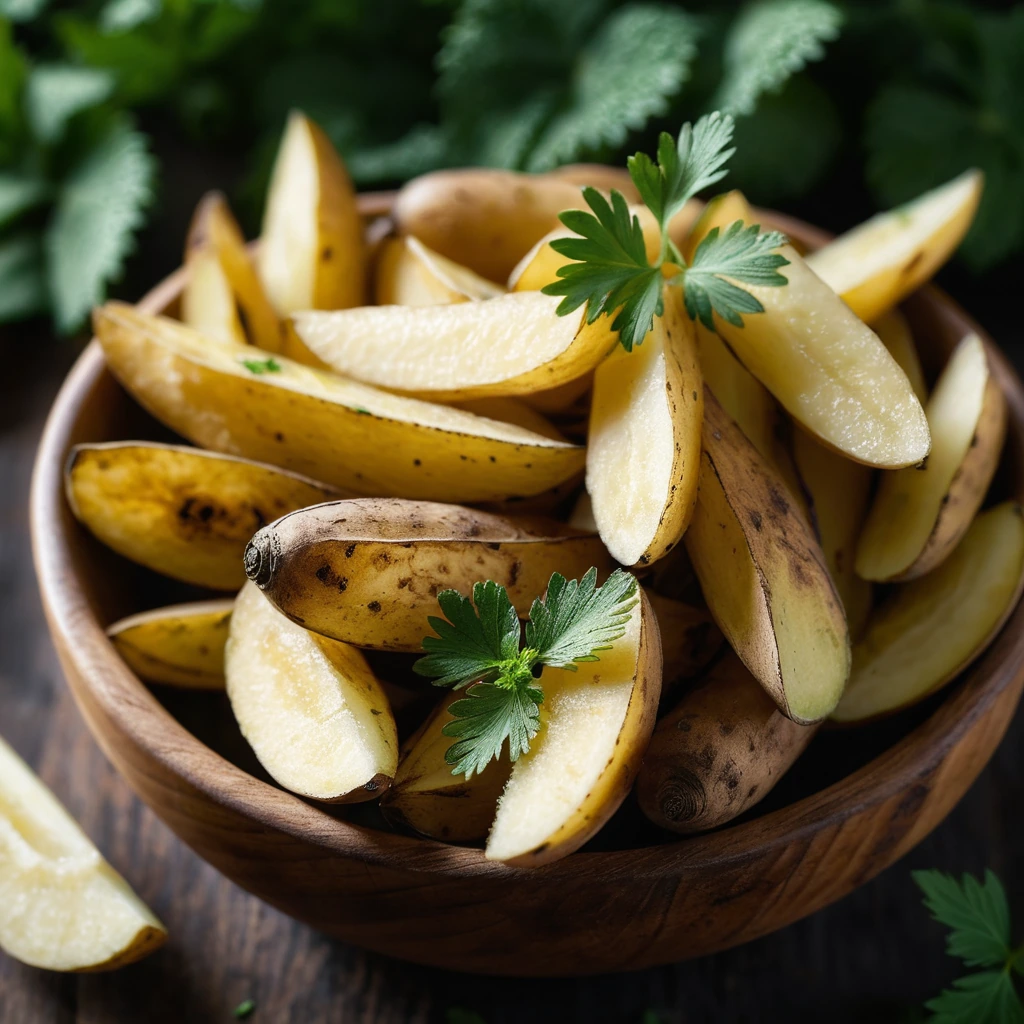 Golden brown potato wedges in a rustic wooden bowl with fresh parsley scattered on top.