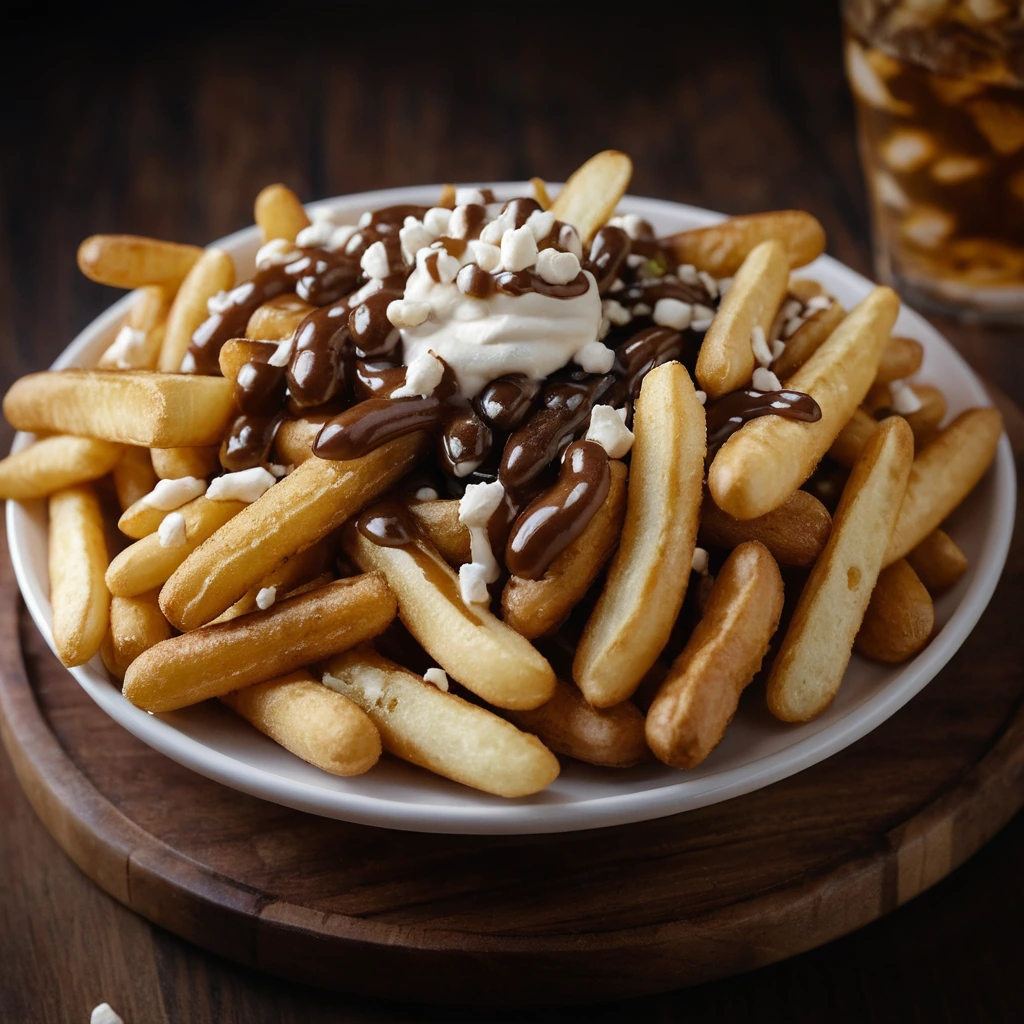 A mound of crispy golden fries topped with a layer of white cheese curds and drenched in rich brown gravy.
