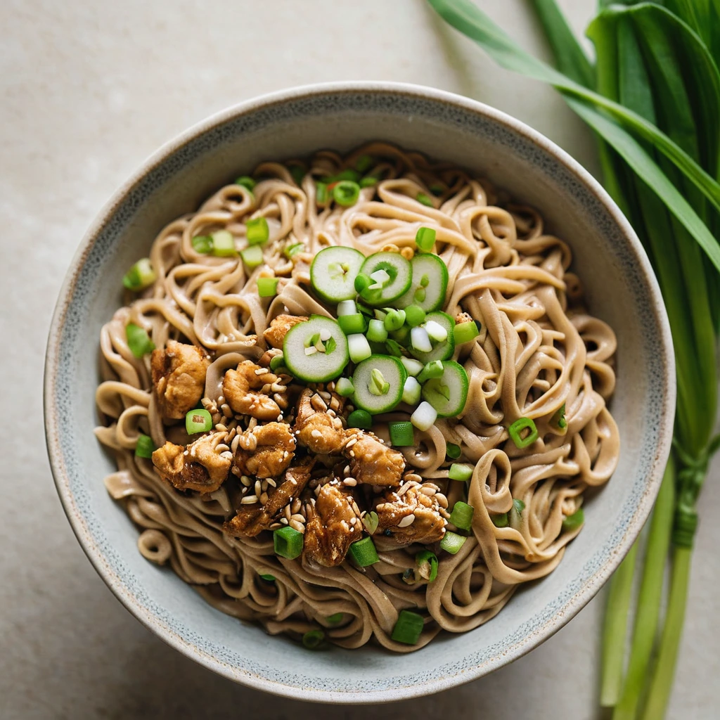 Bowl of peanut chicken noodles with green scallions sprinkled on top