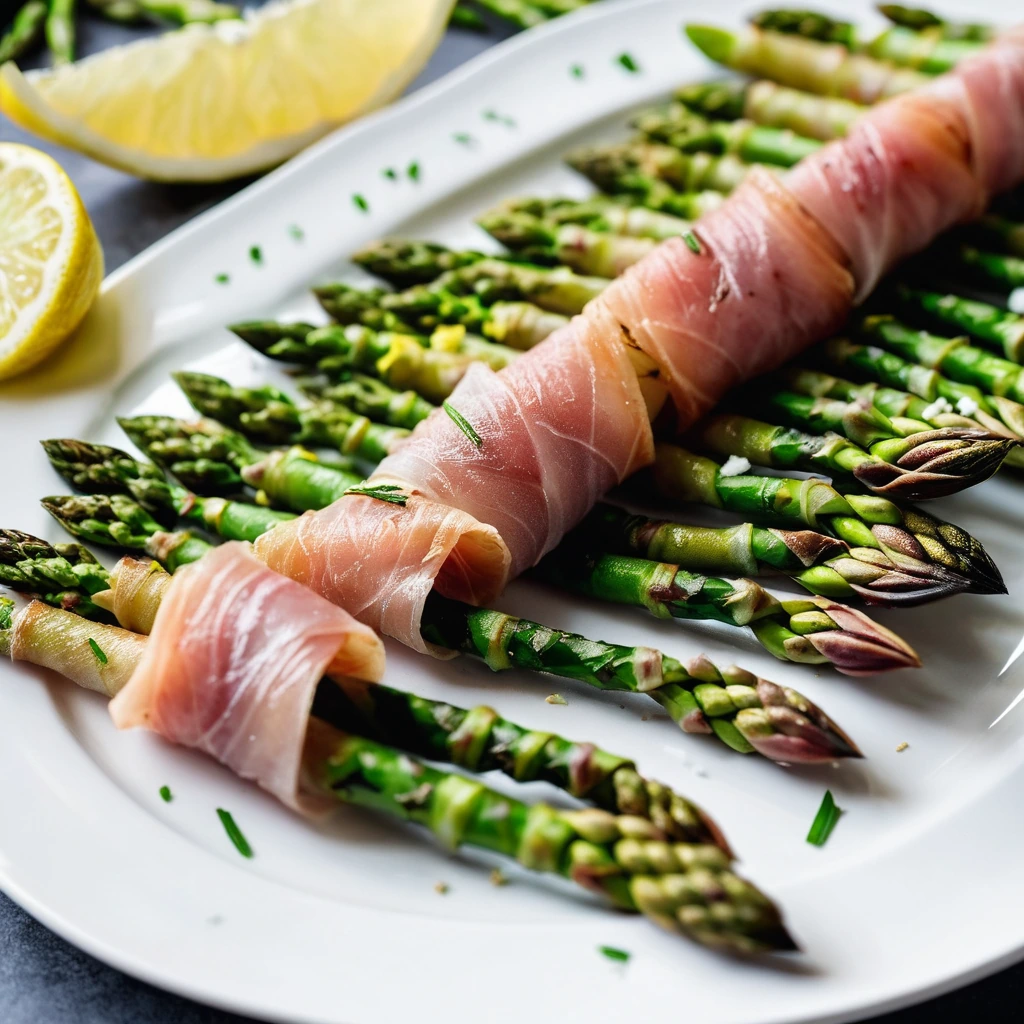 Bundles of asparagus wrapped in golden prosciutto, sprinkled with lemon zest on a white plate