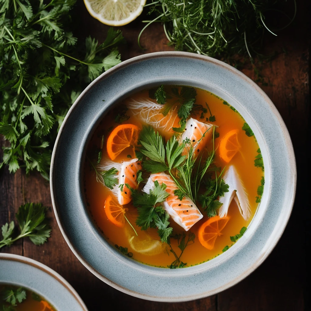 Steaming bowl of vibrant orange and white fish soup with fresh herbs sprinkled on top.