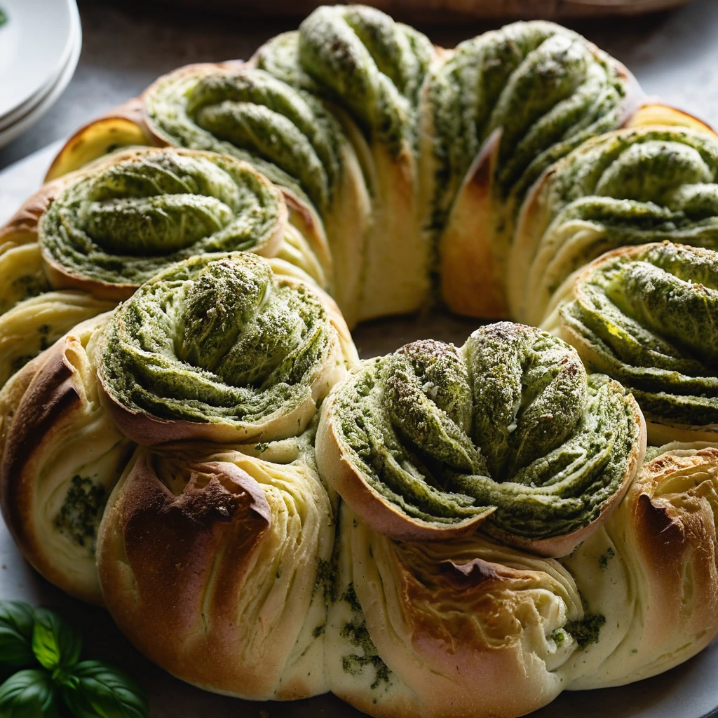 Golden brown bread rolls arranged in a bundt pan, topped with a vibrant green pesto and melted cheese.