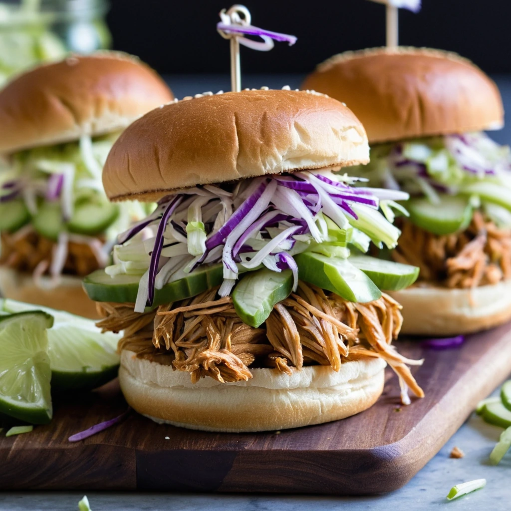 Golden buns filled with dark pulled chicken, drizzled with BBQ sauce, topped with vibrant green and purple pickle slaw.