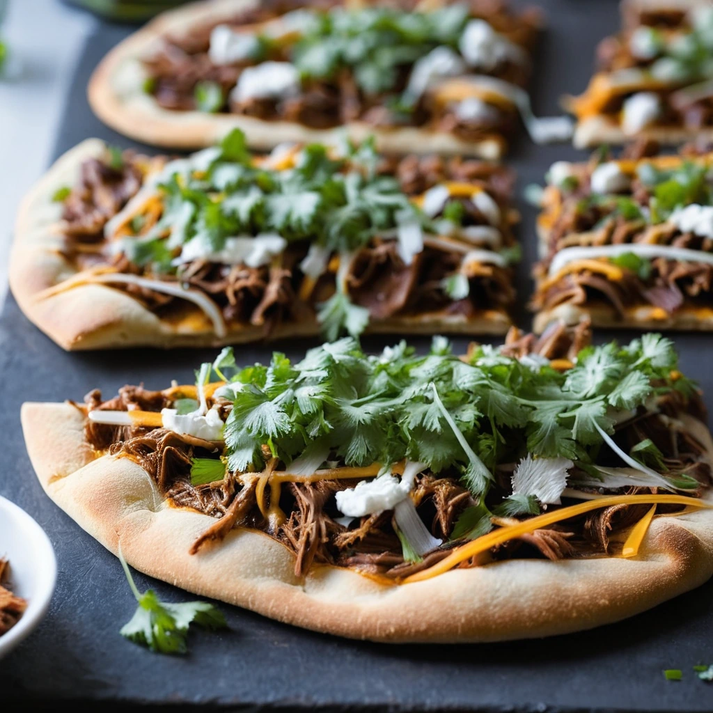 Golden flatbread pizzas topped with pulled pork, BBQ sauce, melted cheddar cheese, and fresh cilantro.