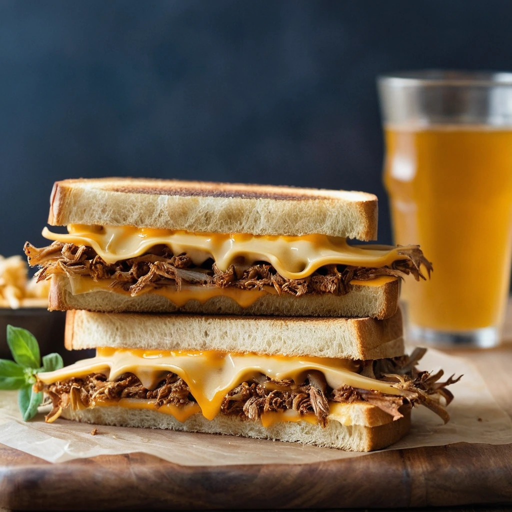 Grilled cheese sandwiches filled with pulled pork and melted cheddar, golden brown on a plate