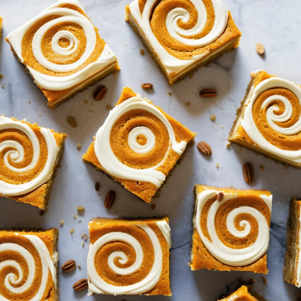 Rectangular bars with a golden crust, swirled with orange pumpkin and white cream cheese.