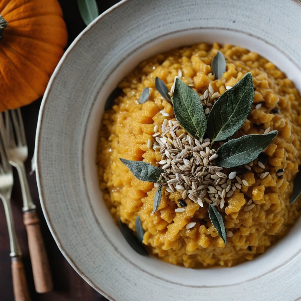 Golden risotto in a bowl with chunks of roasted pumpkin and sage leaves, drizzled with brown butter
