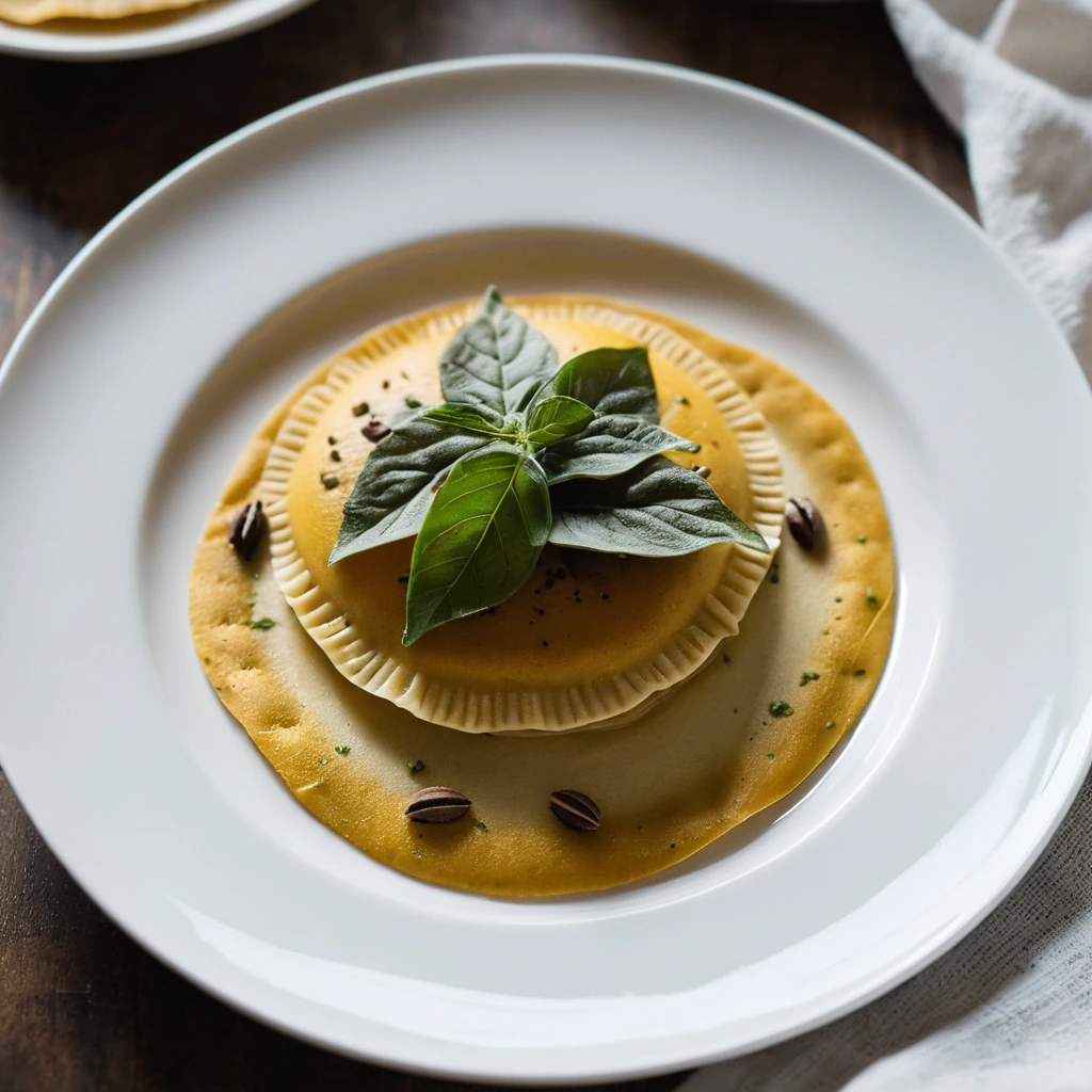 Golden ravioli dusted with fresh herbs and drizzled with dark truffle oil on a white plate