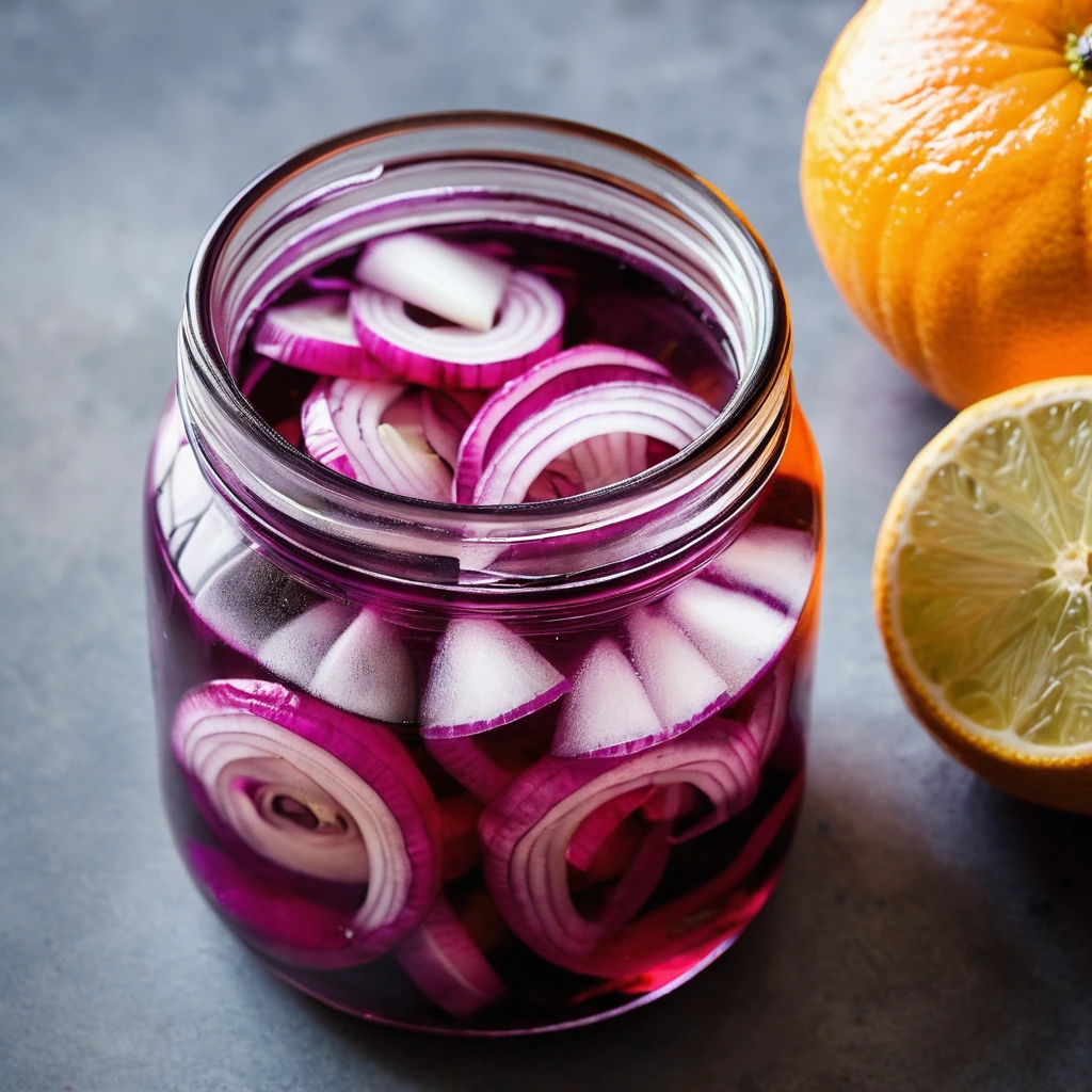 Purple red onions submerged in a bright orange citrus brine in a clear jar.