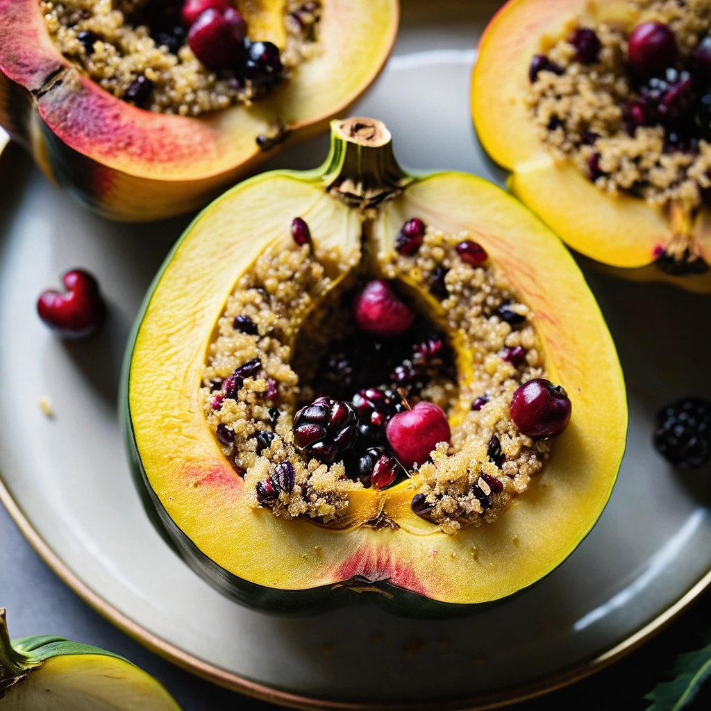 Two halved acorn squashes filled with golden quinoa and red cranberries, roasted to a glossy finish.